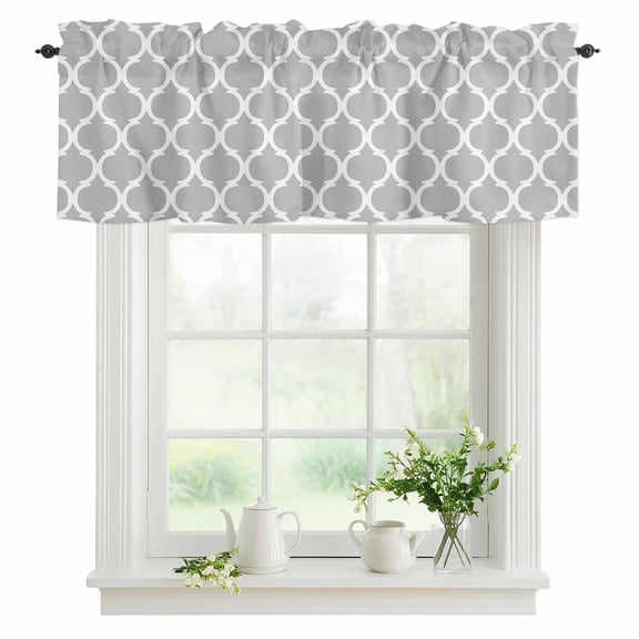 Geometric Morocco Pattern Valances for Windows, Rod Pocket Kitchen Valance Curtains - Soft & Washable Small Window Treatment for Living Room, Bathroom, Gray Abstract 42x12inch, 1 Panel