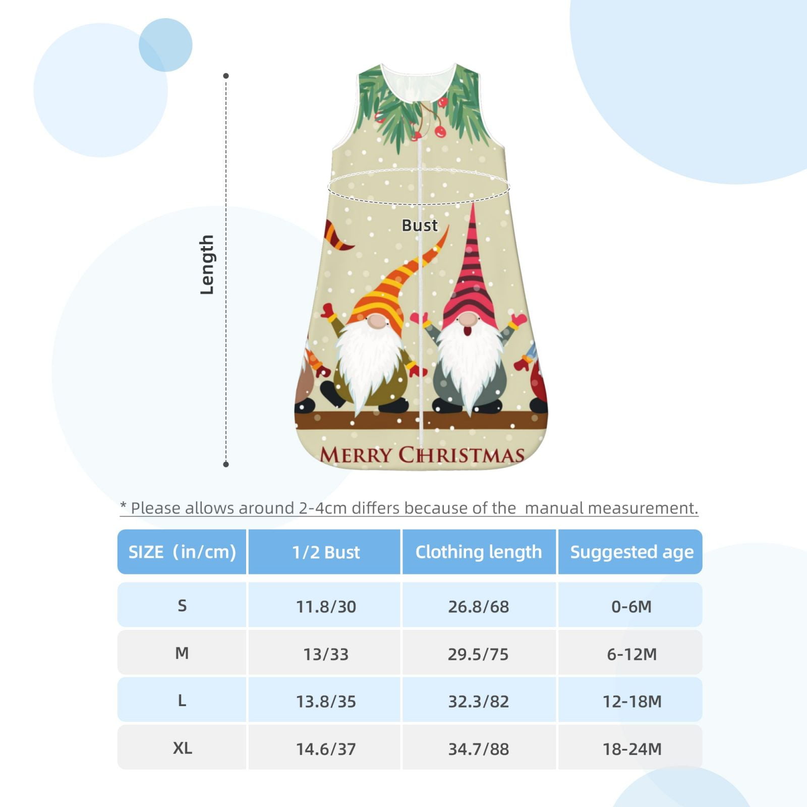Rateoe Christmas Card With Gnomes Print Cotton Baby Sleep Sack, Baby Sleeping Bag with Two-Way Zipper,Wearable Blanket for Newborn Baby Boys and Girls-Medium