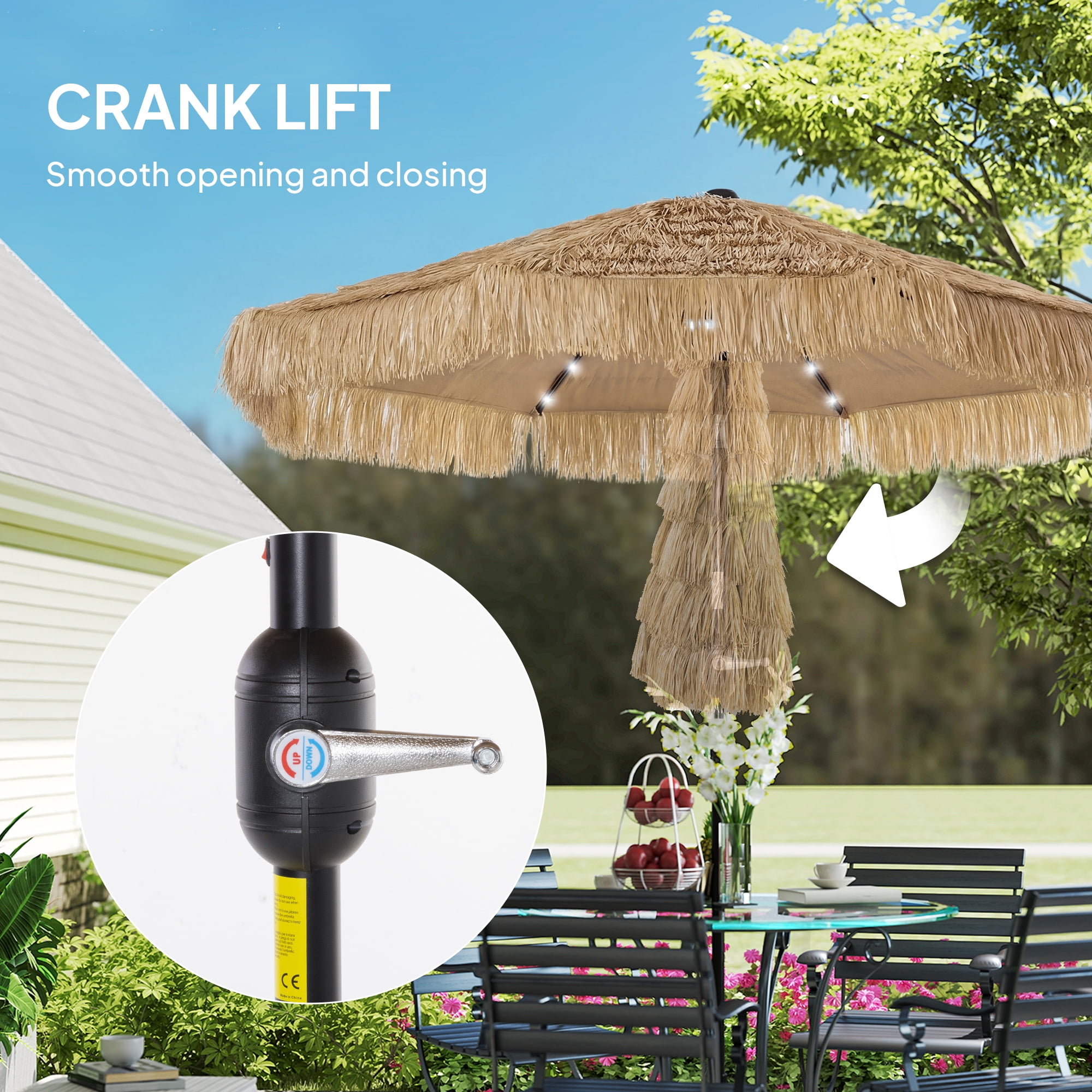 Outsunny 9 ft Hula Thatched Tiki Patio Umbrella with LED Solar Light, Tropical Hawaiian Style Outdoor Umbrella with Crank, Tilt, UPF30+, Khaki