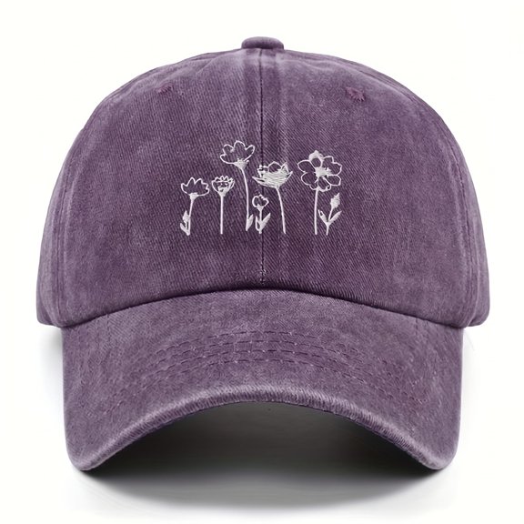Embroidered Wildflower Vintage Washed Baseball Dad Hat, Minimalist Floral Outline Casual Adjustable Cap for Adults, Nature Inspired Gift for Women
