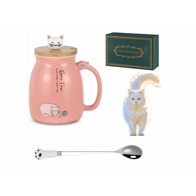 Taza De Café De Cerámica Con Bonita Tapa Cuchara De Gato Xtellar rosa