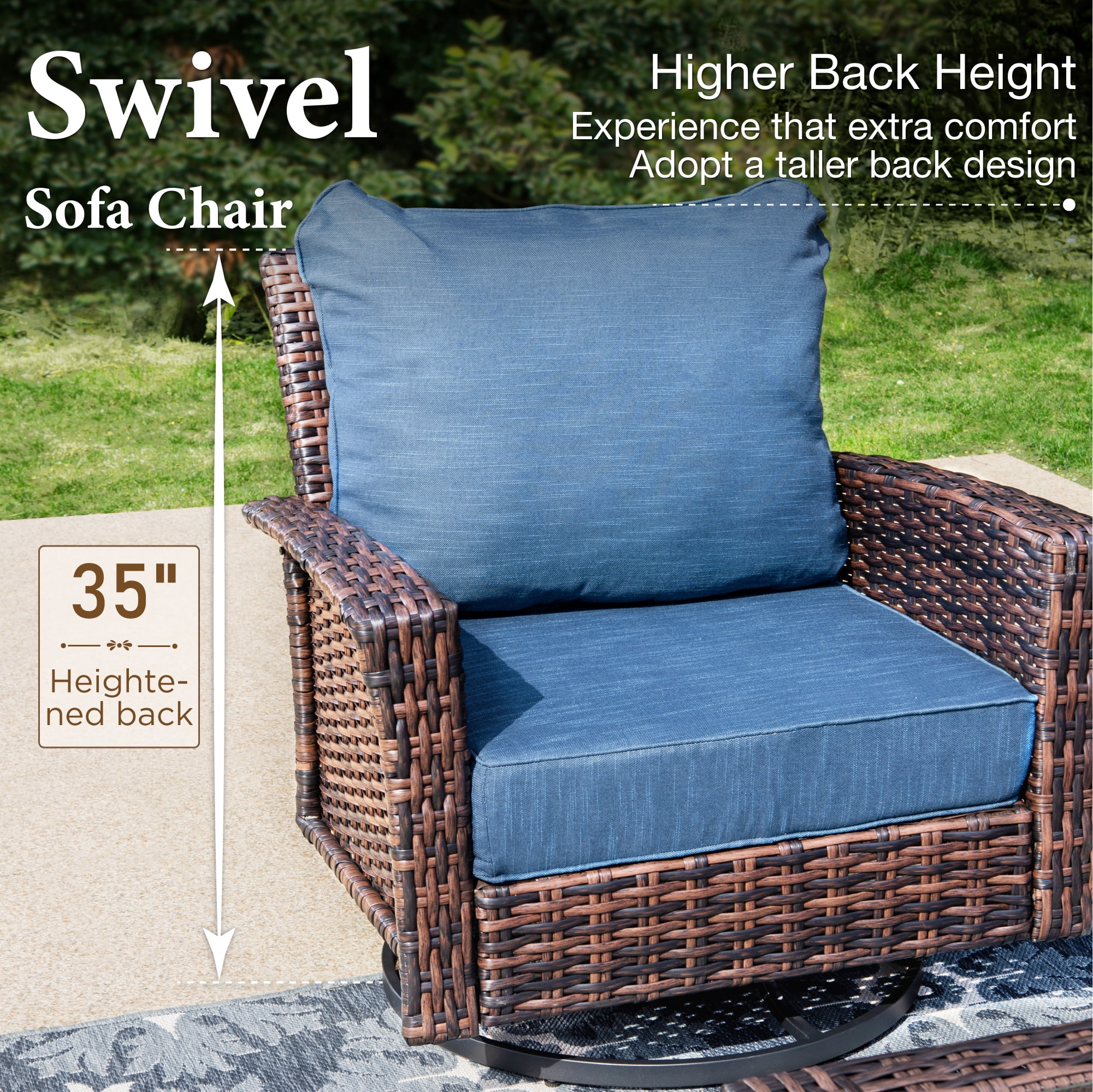 SUMMIT LIVING 7-Seat Wicker Patio Furniture Set with 2 Swivel Chairs & 3-Seat Sofa with 2 Ottoman, Outdoor Sectional Conversation Set for Garden, Blue