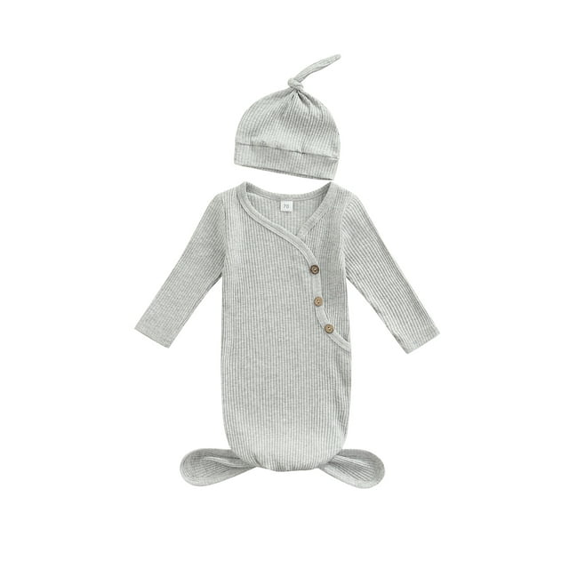 Diconna 0-3 Months Newborn Baby Sleeping Bag Hat Set Ribbed Solid Color Long Sleeves Wearable Blankets Sleep Sack