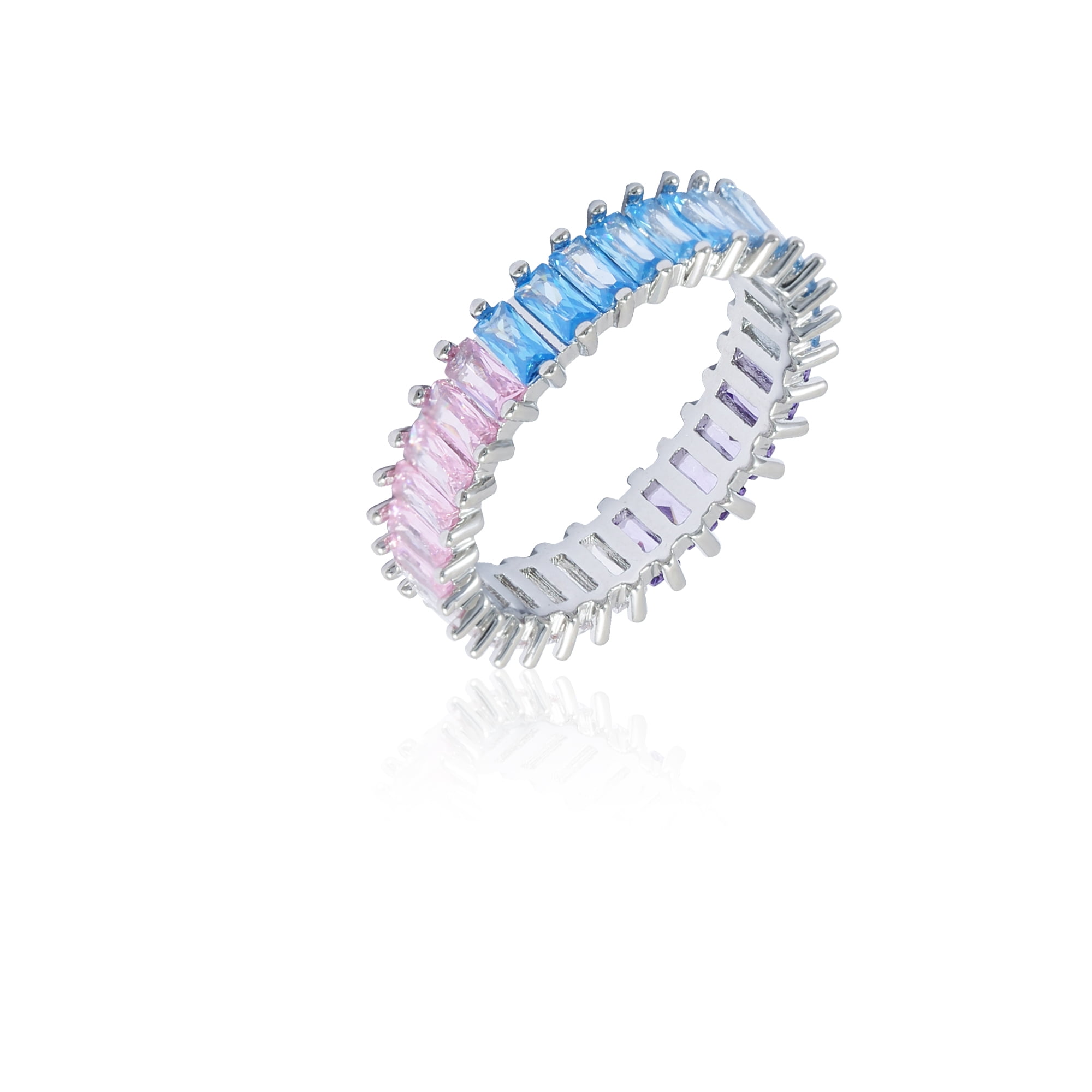 Fine Silver Plate Eternity Band with Baguette Multi-Color Stones