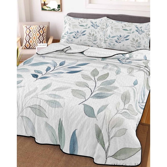 Blue Teal Botanical King Size Down Alternative Comforter, Lightweight Comforter Quilt Bedding Set with Pillow Shams Watercolor Spring Summer Leaves All Seasons Bed Comforter Duvet Insert 96"x106"