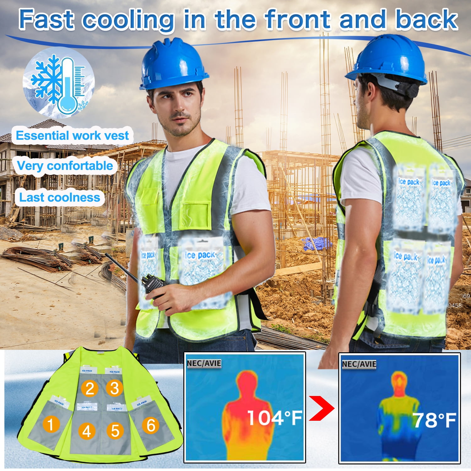 Cooling Vest with 20pcs Gel Ice Pack - Ice Safety Vest for Men Women Reflective Cool Vest for Hot Weather Work
