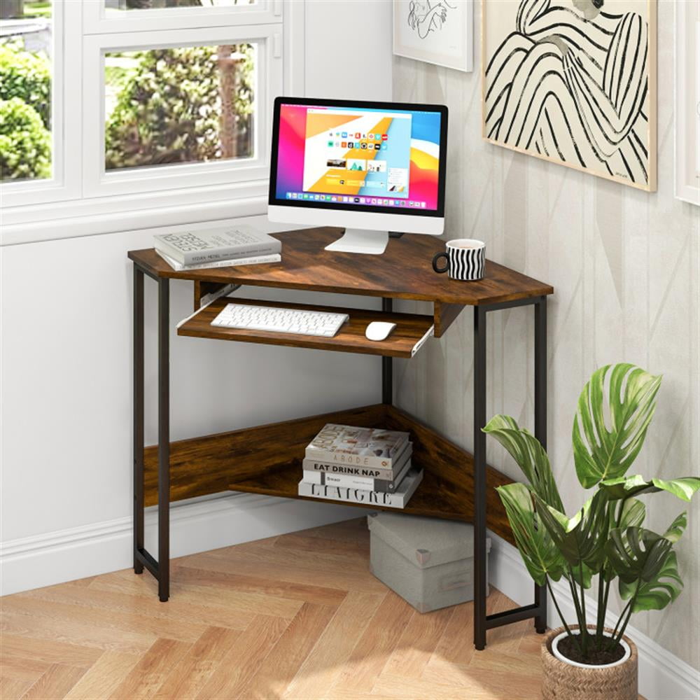Demi Bonn Triangle Corner Desk with Charging Station Keyboard Tray and Storage Shelf, Small Home Office Desk Study Writing Table, Brown