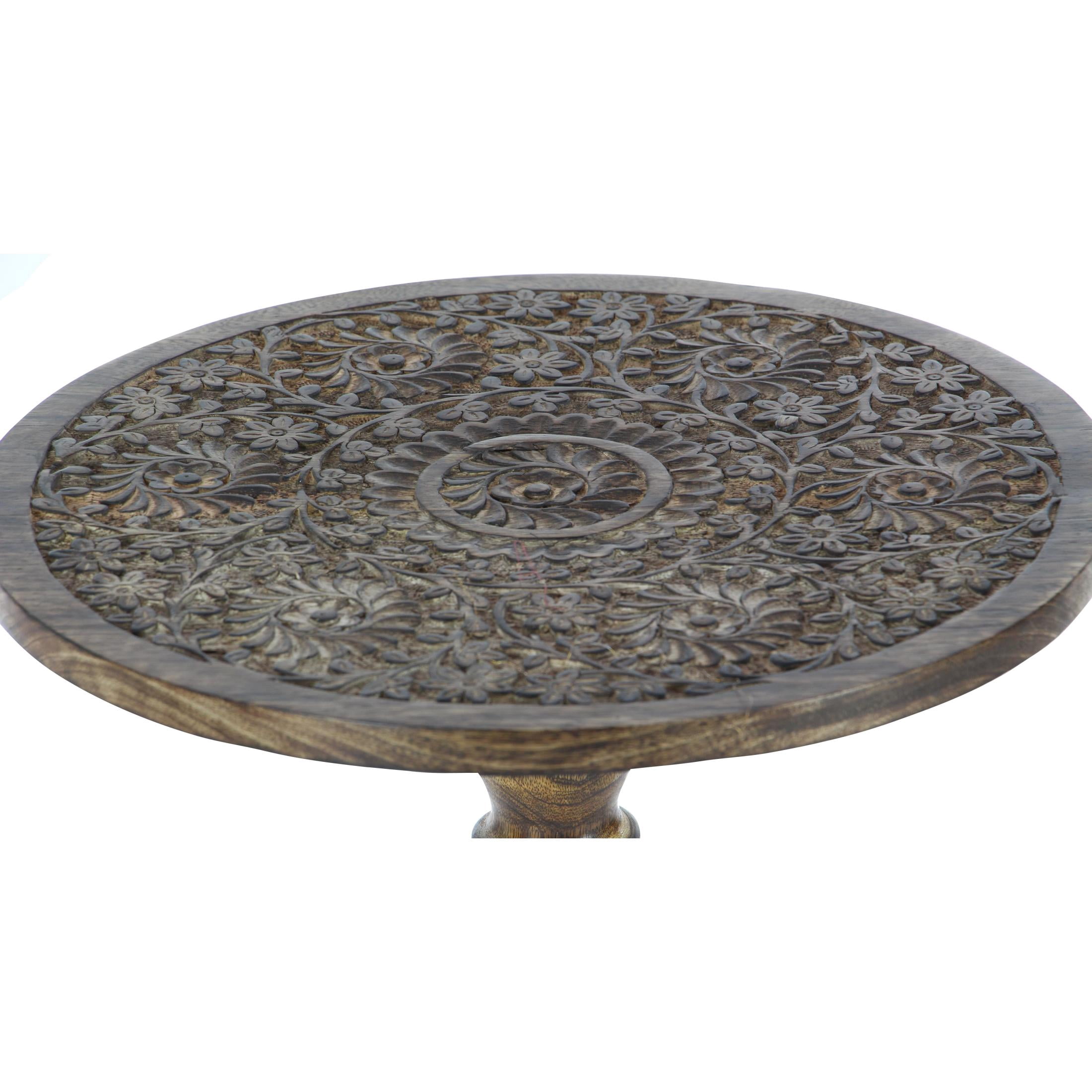 DecMode Mango Wood Traditional Carved Floral with Exposed Wood Grain Accent Table 17"W x 21"H, with a Dark Brown Finish