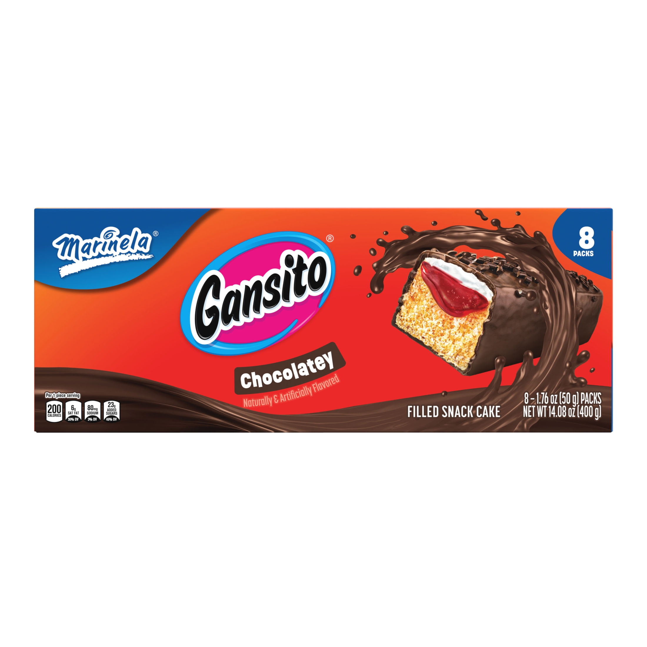 Marinela Gansito Chocolatey Filled Snack Cake, 8 packs, Strawberry, Chocolate and Crème Snack Cakes, 14.08 oz Multipack