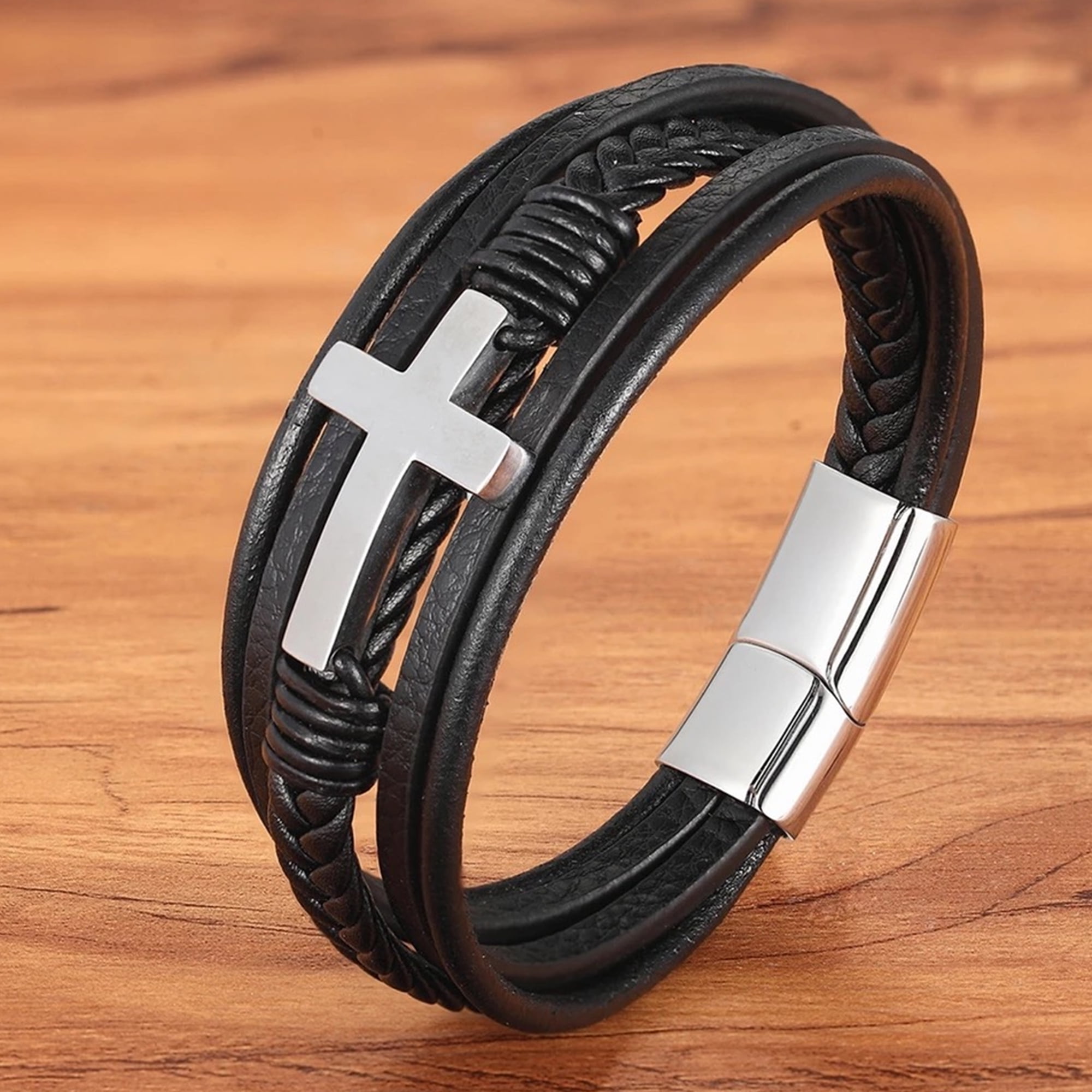 Multilayer Mens Bracelet , Genuine Leather with Cross, Christian Bracelet, Silver/Black
