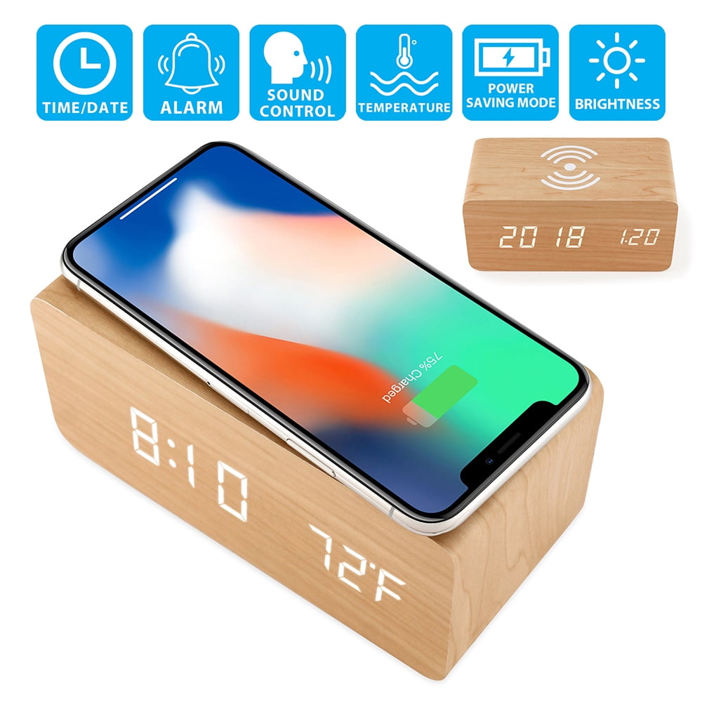 Modern Wooden Wood Digital LED Desk Alarm Clock Thermometer Qi Wireless Charger! 