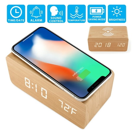 Wooden Wood Alarm Clock Qi Wireless Charging LED Sound Control Time Date Temperature -