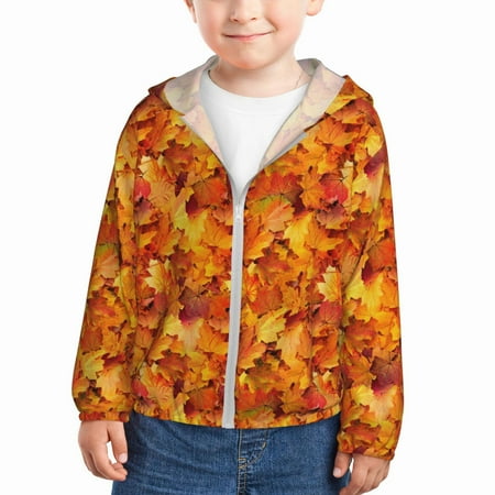 

Goofa Autumn Maple Leaf Pile Printed Kids Zip-Up Hoodie Girls Boys UPF50+ Sun Protection Jacket Hooded Cooling Shirt-5 Years