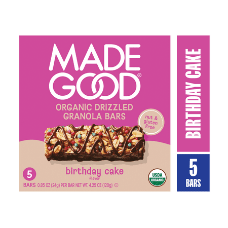 MadeGood Chocolate Drizzle Birthday Cake Flavor Granola Bars, 5 Count (0.85oz Each)