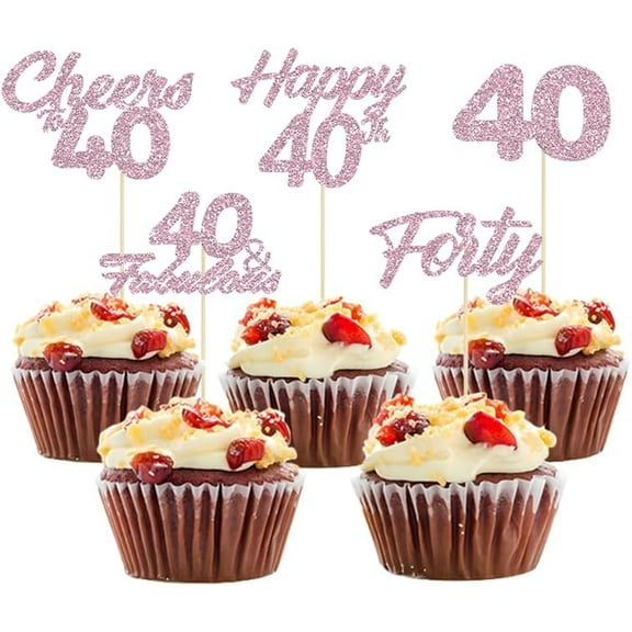 12pcs Happy 40th Cupcake Toppers Pink Glitter Cheers to 40 Fabulous Cake Decorations for 40th Birthday Wedding Anniversary Party Supplies