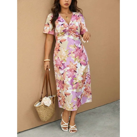 Plus Size Casual Vacation Floral Twist Knot Midi Dress