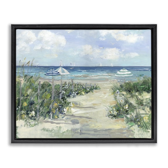 Stupell Industries Traditional Seaside Path To Striped Umbrellas Black Floating Frame Canvas Art, 21 x 17, by Sally Swatland