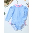 thumbnail image 5 of JanJean Baby Girls One Piece Zipper Swimwear Long Sleeve Ruffle Floral Print Swimsuit Bathing Suit Rash Guard Blue White 6-12 Months, 5 of 7