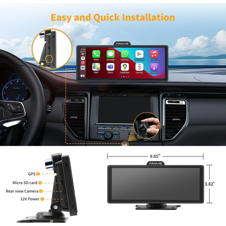 10.26" Portable Wireless Car Stereo With CarPlay & Android Auto - Includes 4K Dash Cam & Backup Camera, Bluetooth, GPS