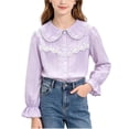thumbnail image 2 of ITSAME Girls Button Up Shirt Lapel Lace Trim Cotton Ruffle Long Sleeve School Uniform Casual Fashion Tops Purple Size 8, 2 of 7