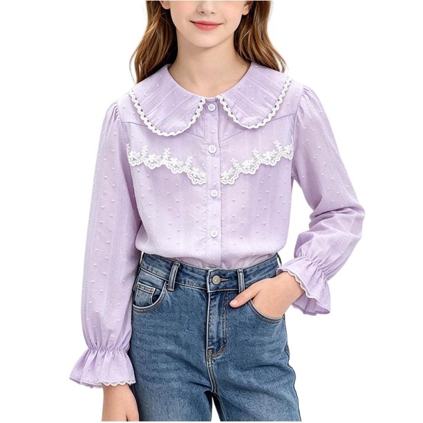 Odeerbi Camisa de Vestido de Algodón Para Niñas Peter Pan Collar Ruffle Camisas de Uniforme Escolar de Manga Larga