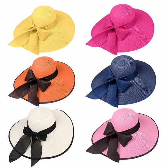 Summer Women's Big Bowknot Straw Hat Solid Color Wide Brim Foldable Floppy Adjustable Elegants Vacation Style Beach Hat