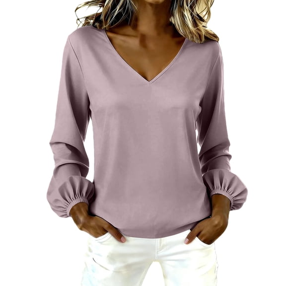 Long Sleeve Shirts for Women V Neck Bell Long Sleeve Loose Casual Daily Blouse Womens Shirts Dressy Casual Light Violet L