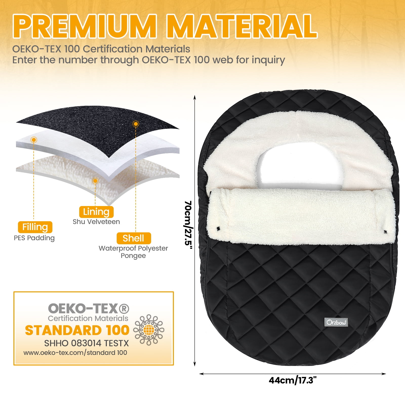 Orzbow Winter Baby Car Seat Cover, Warm Carseat Bunting Bag with Removable Zipper for Baby Boys & Girls, Waterproof Carseat Canopy Cover, Keeps Babies Warm and Cozy in Cold Weather, Black
