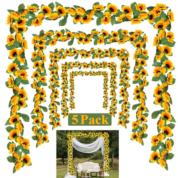 Ponpon 5 Pack 7.5ft Artificial Sunflower Garland with Green Leaves, Sunflower Hanging Vines  for Garden Party Craft Outdoor Decorations, Large