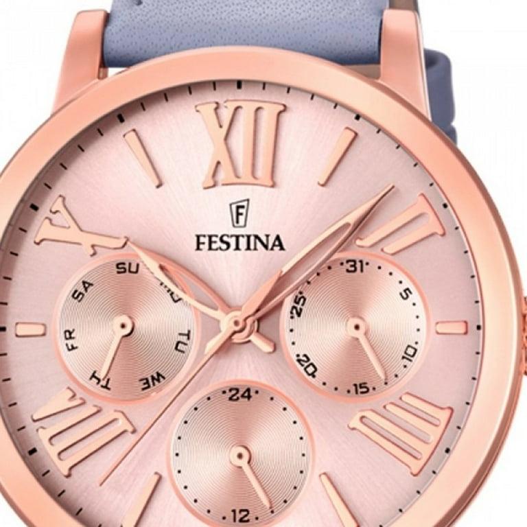 Festina Watches Boyfriend Collection Rose Gold Stainless Steel Case and  Blue Leather Strap with Pink Multifunction Dial Women's Watch. F20417-1