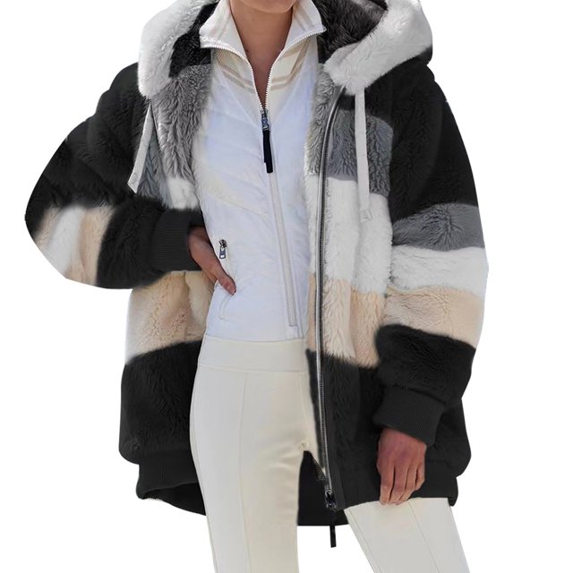 Gupgi Manteau à Capuche Contrasté pour Femmes, Manches Longues Zip-up en Peluche