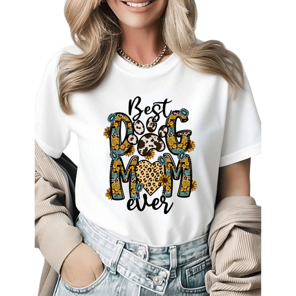 Leopard Sunflower Best Dog Mom Ever Paw Heart Graphic Tees Womans Tshirt Shirts Black White S-5XL Tops