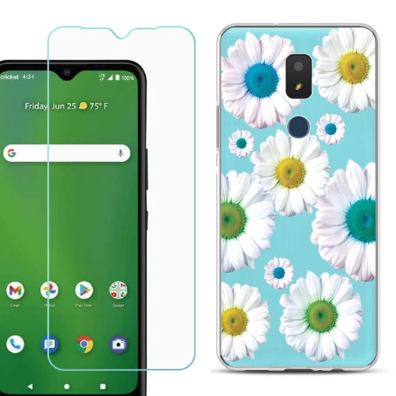 Slim-Fit TPU Fashion Phone Case for Cricket Icon 3, with Tempered Glass Screen Protector, by OneToughShield ® - Daisy/Teal