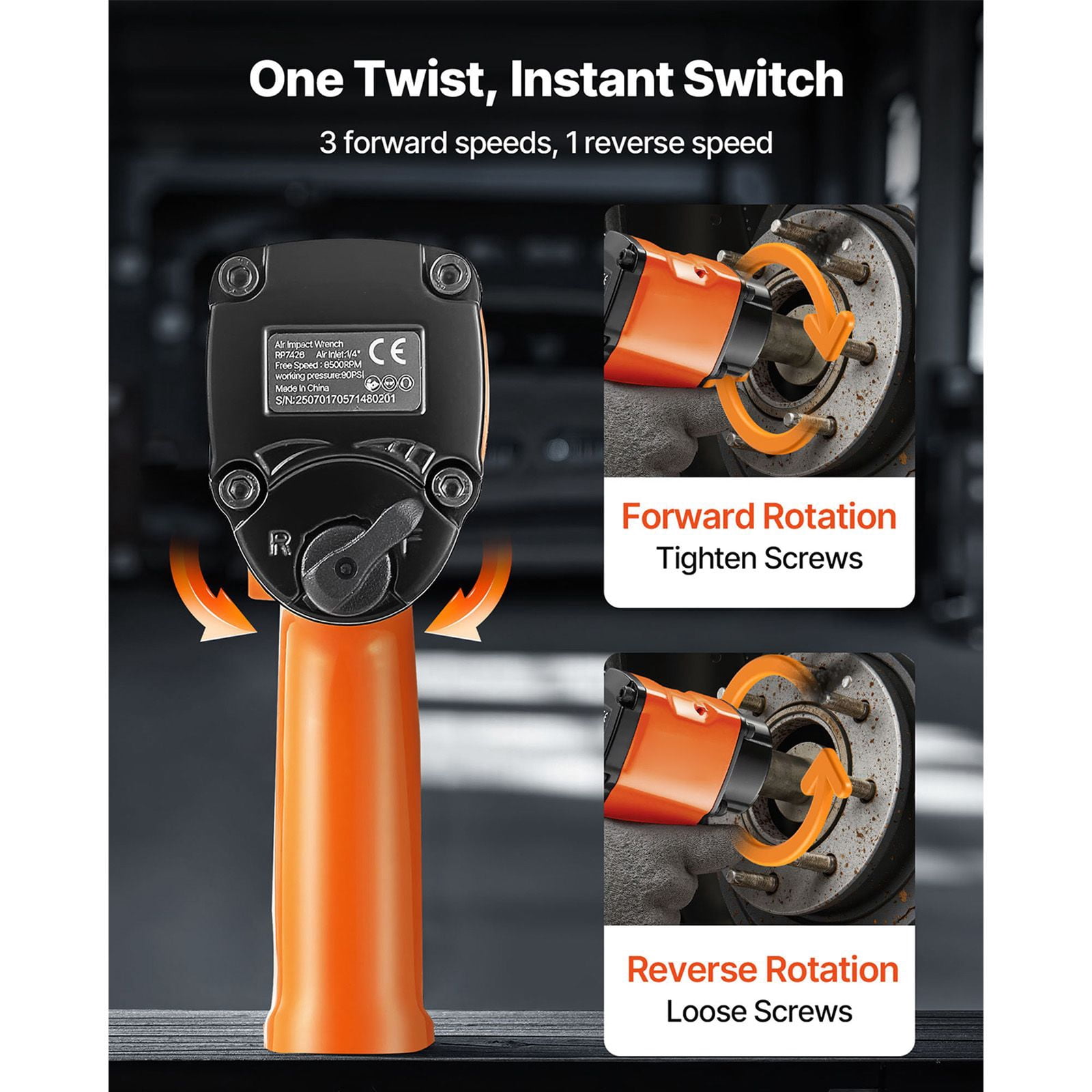 Air Impact Wrench 1/2 Inch Drive 738 ft-lbs Torque 8500 RPM 4-Speed Adjustable for Auto Repair Light Duty