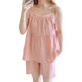 thumbnail image 1 of Conjunto de pijama camisola de verano para mujer, pantalones cortos con ribete de volantes de Color liso, ropa de dormir de 2 piezas, ropa de descanso, 1 of 8