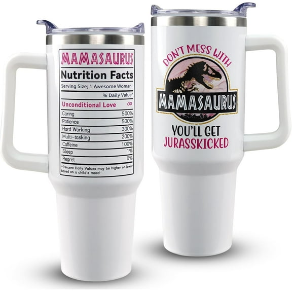 Mom Gifts from Daughter, Son - 4oz Mom Tumbler with Handle - Mom Birthday gifts, Christmas Gifts for Mom Gifts for Birthday Best Mom Gifts Mamasaurus Tumbler with Handle Mom Cup