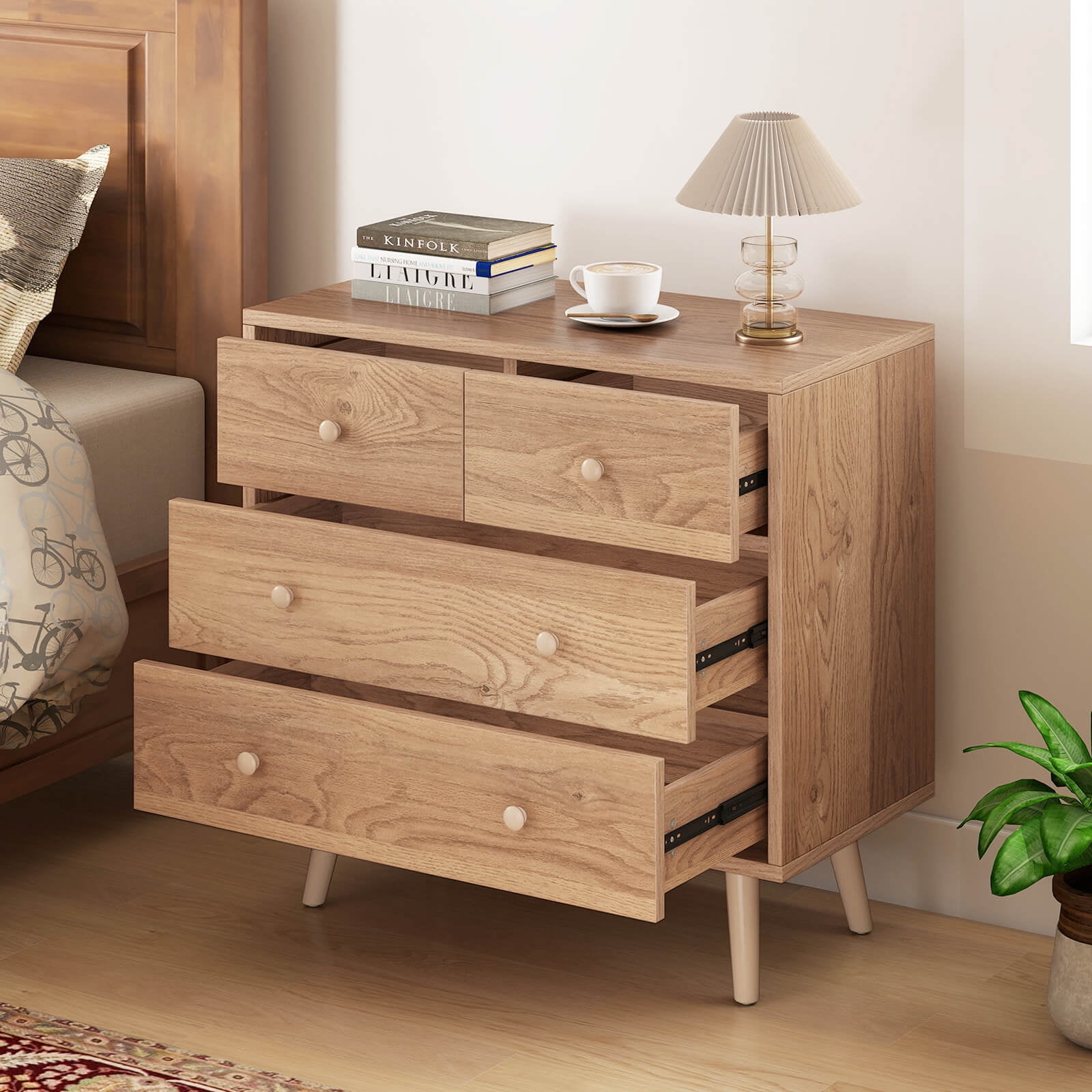 Costway 4 Drawer Dresser for Bedroom Wide Chest of Drawers with Metal Guide Rails Natural