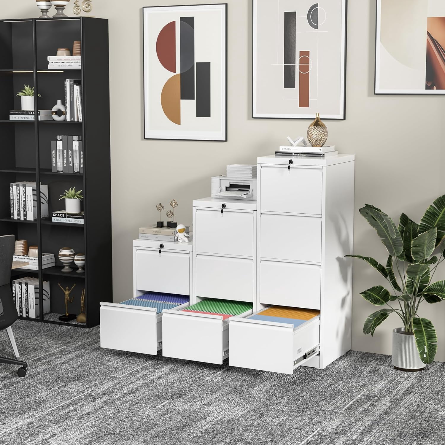 SUNCROWN 2 Drawer File Cabinet with Lock, White Lateral Filing Cabinet, Metal Narrow Storage Cabinet with 4 Adjustable Hanging Frame for Home Office