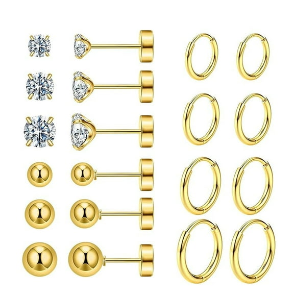 Knubmt 10 Pairs 14K Plated Earring Lightweight Hoop Earrings 316L Stainless Steel Flat Back Ball Stud Earrings for Women, Gold