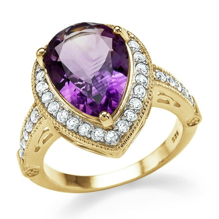 White Gold Genuine Amethyst Ring - 5.20 Ct Genuine Amethyst & White Topaz Cocktail Ring in 14K Yellow Gold / Silver
