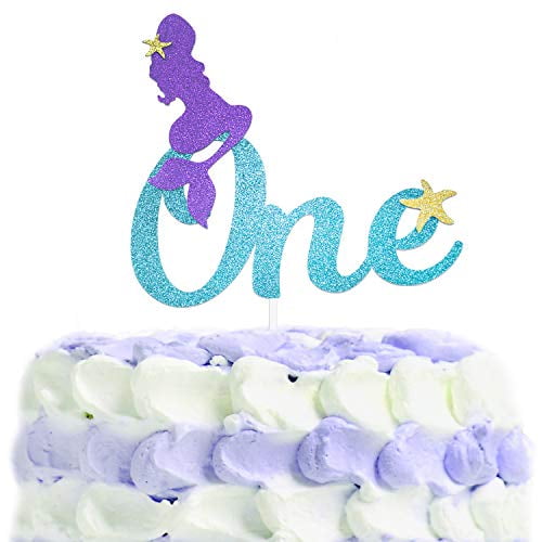 1st Mermaid Happy Birthday Cake Topper Blue Gold Glitter Under The Sea Theme Photo Decor Picks For Baby Shower And Wedding Party One Year Old Decorations Supplies Walmart Com