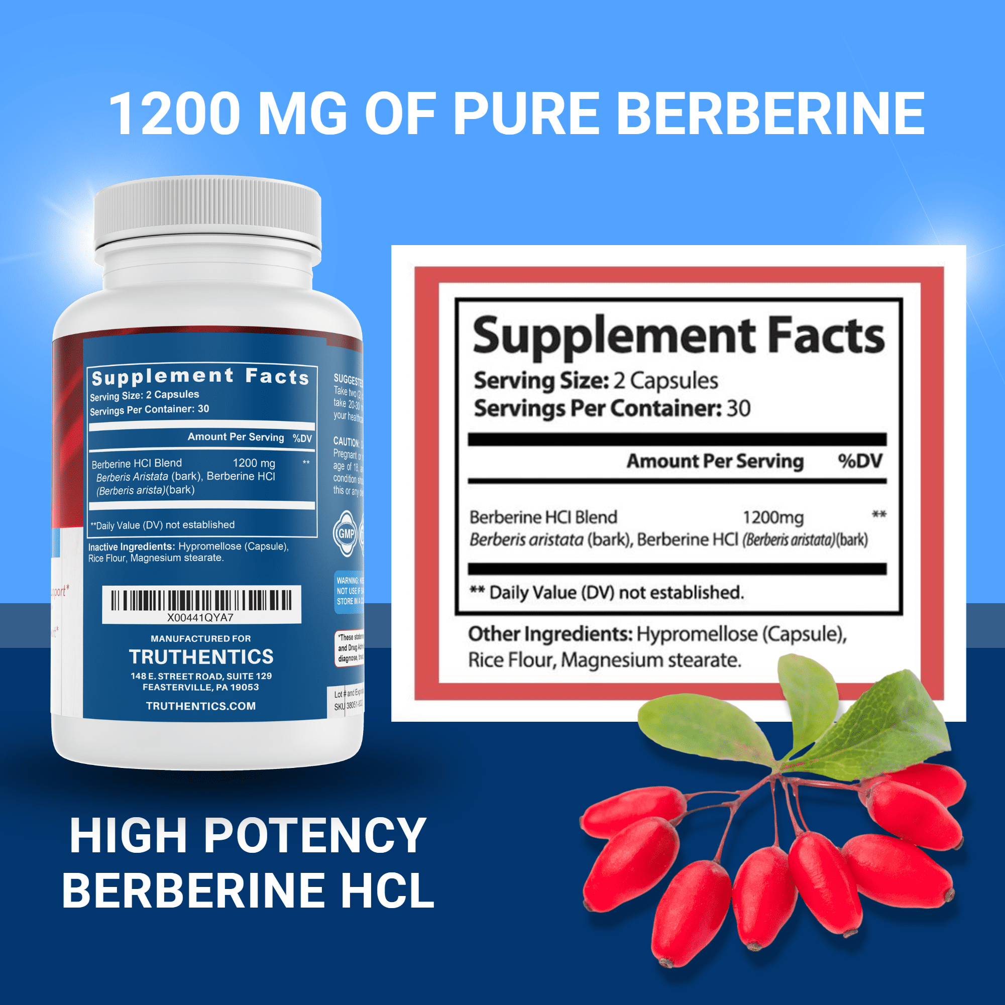 Truthentics Berberine HCL Supplement, 1200 mg, Gluten-Free, Vegan, 60 Capsules