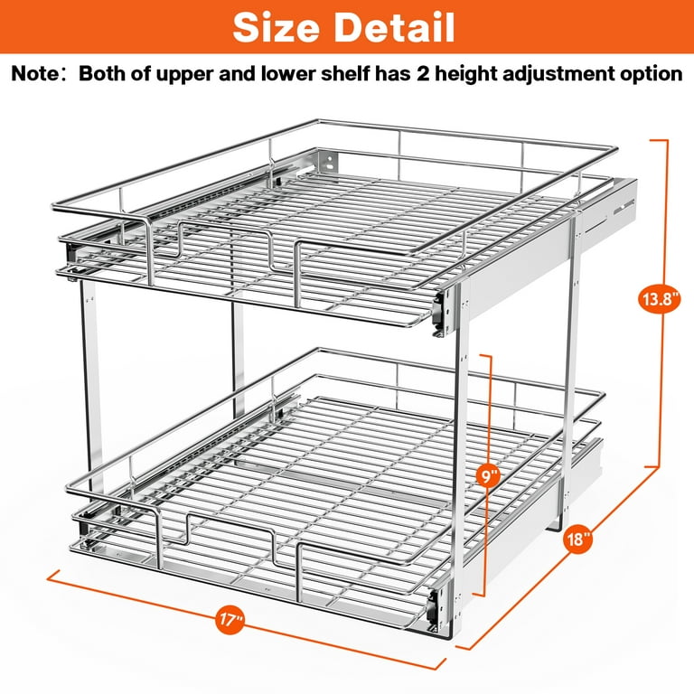 ROOMTEC New Version Pull Out Cabinet Organizer for Base Cabinet (17 W x 21 D), Kitchen Cabinet Organizer and Storage 2-Tier Cabinet Pull Out