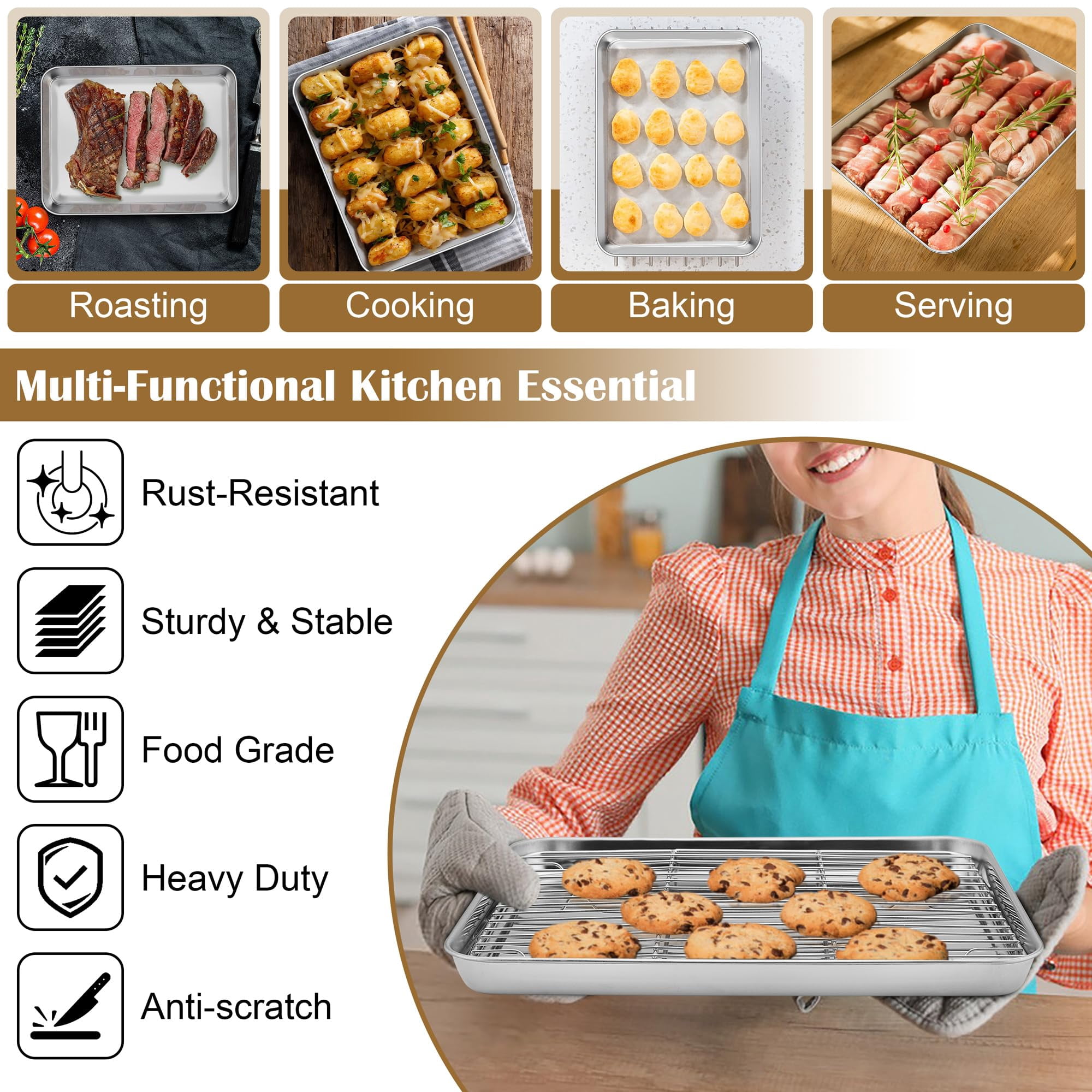 Baking Sheet Set with Wire Racks, Stainless Steel, 2 Pans + 2 Racks, 12.4''x9.7''