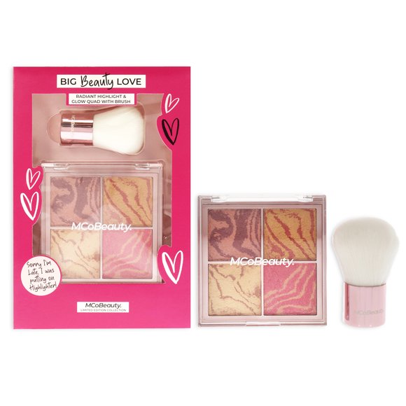 MCoBeauty Iluminador de 0.705 oz, Brocha Big Beauty Love Radiant Highlight and Glow Quad con cepillo 2.00 Pc MCoBeauty Iluminador de 0.705 oz, Brocha 2 Pc