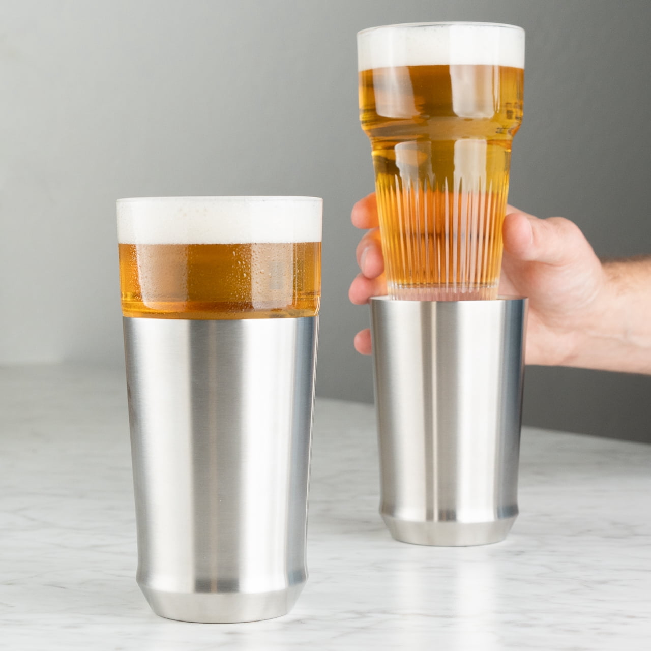 Elevated Craft Hybrid Vacuum Insulated Stainless Steel Base with Removable Pint Glass Insert, Ideal Insulation for Beers & Cold Beverages with Built-in Bottle Opener, Durable & Stylish, Steel (16 oz)