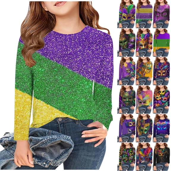 Jinhomg Kids Mardi Gras Shirt Novelty Funny Carnival Themed Mask Graphic Tops Lightweight Comfy Long Sleeve Crew Neck Holiday Pullover Multicolor #1