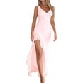thumbnail image 2 of Women V Neck Sleeveless Mesh Ruffle Hem Bodycon Maxi Casual Backless High Slit Cocktail Party Dress Pink L, 2 of 9