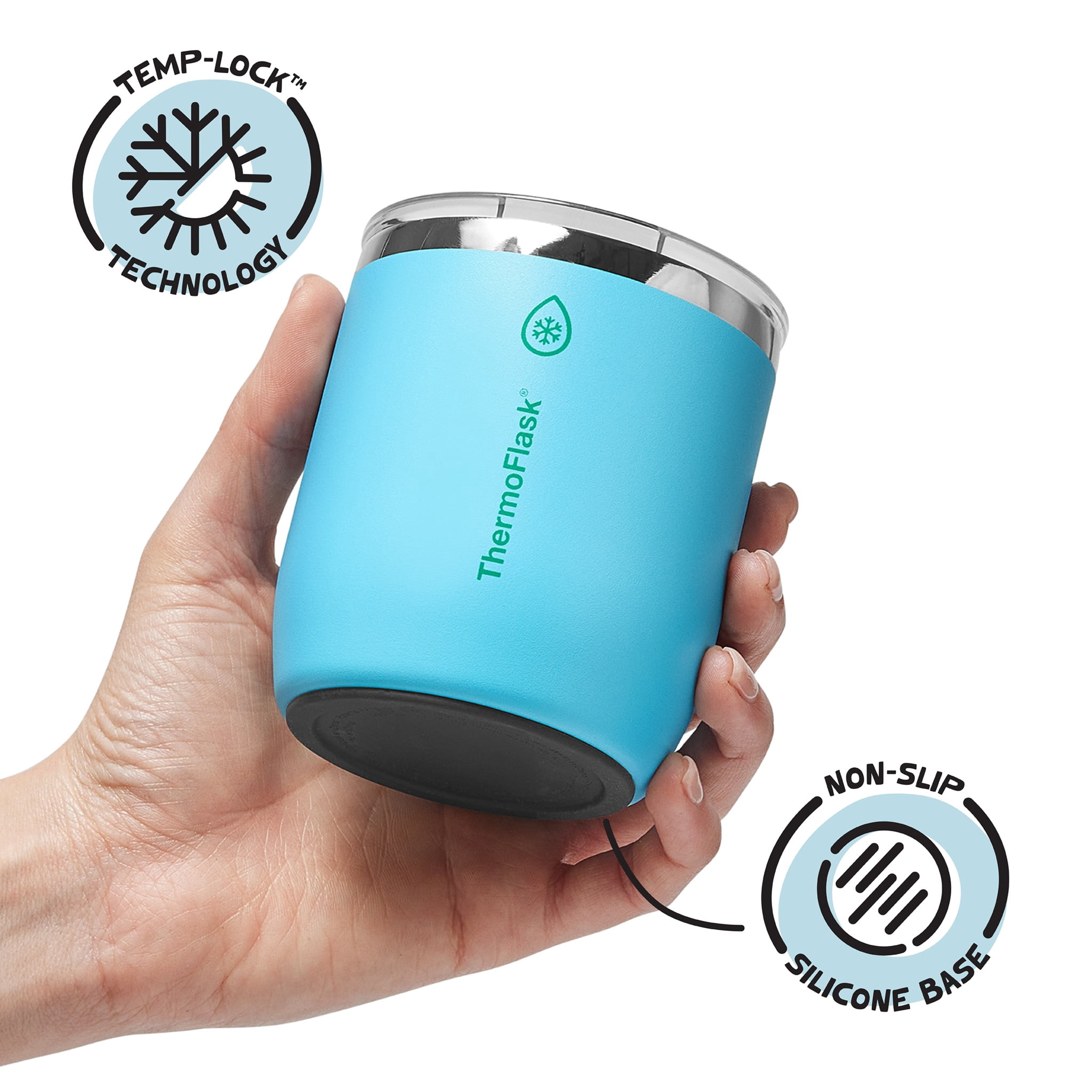 ThermoFlask Drinkware 10 oz Lowball Tumbler - Double-Wall Insulated for Cold & Hot Drinks - Lightweight & Simple with Innovative Press In Slider Lid - Modern & Durable -Vivid Blue
