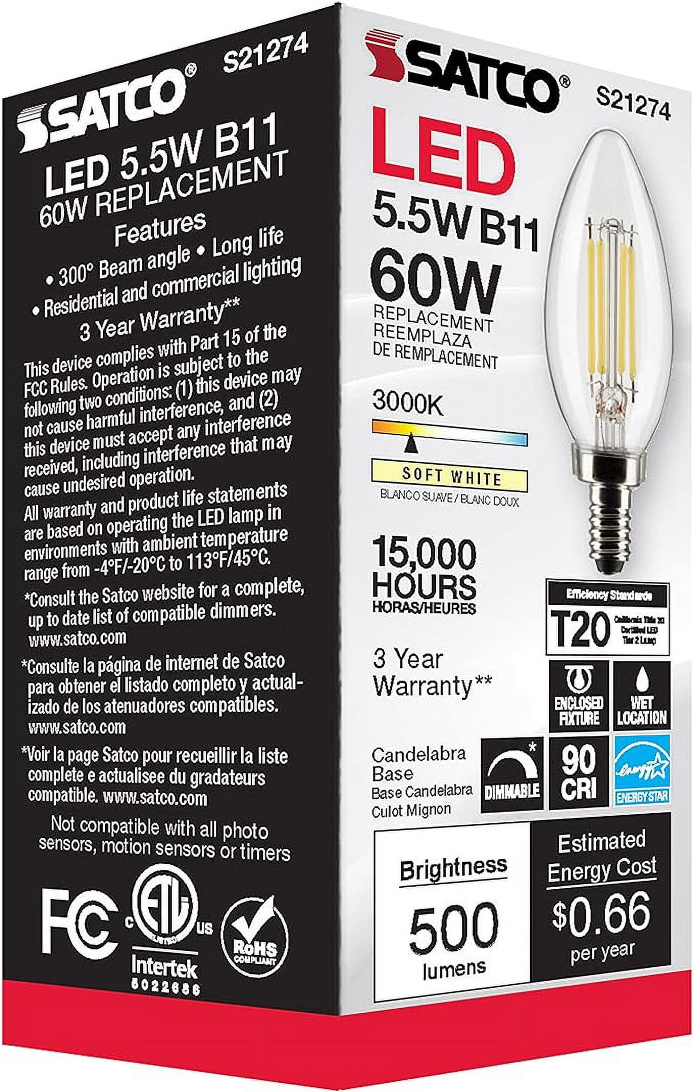 SATCO S21274 5.5W B11 90 CRI 3000K 120V LED Candelabra Base Bulb, Clear (6 Pack)